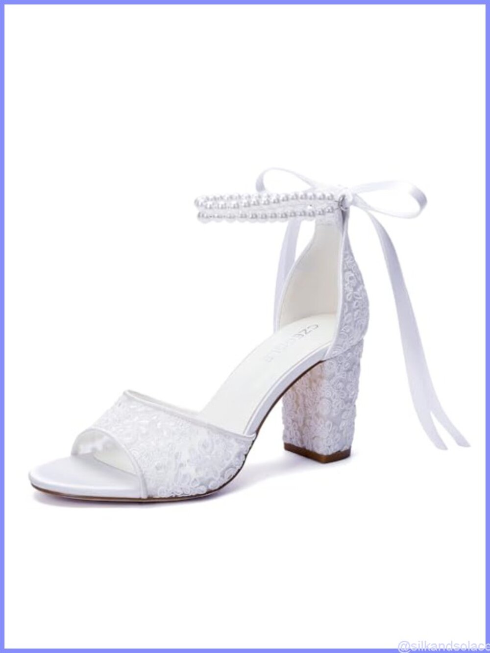 Lace Wedding Sandals Pearl Ankle Strap Block Heel Open Toe Ribbon Tie Bridal